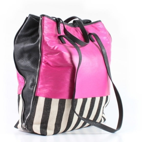 Kelsi Dagger ROONEY Large Pink Black White Tote Canvas Leather Zip Expand Sides