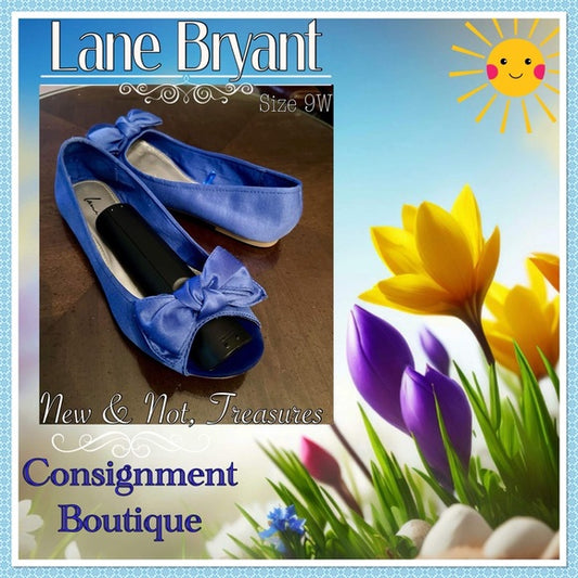 Lane Bryant size 9W. Blue Silken Peep Toe Bow Flats. EUC