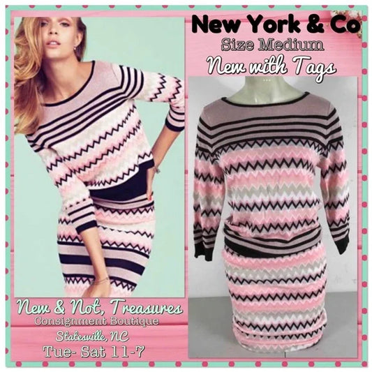 New York & Co, size Med. Pink Stripe knit Sweater & Skirt! NWT $110