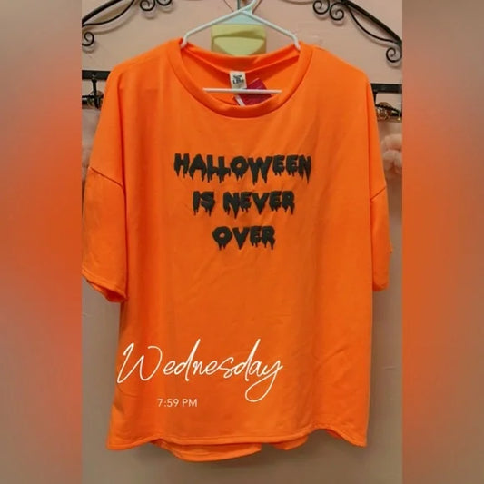 New! Orange Graphic Halloween Is never over Tee. Size Large.