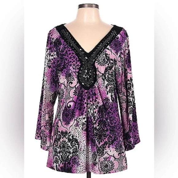 New Directions size Large. Purple Pattern Long Sleeve Tunic, Embellished V-neck