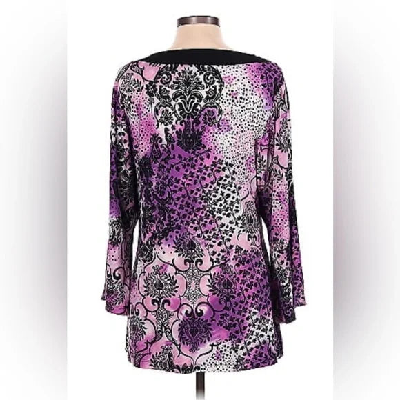 New Directions size Large. Purple Pattern Long Sleeve Tunic, Embellished V-neck