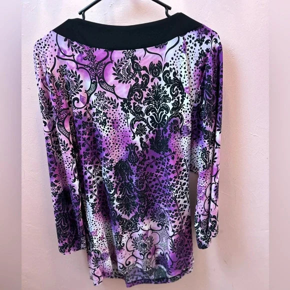 New Directions size Large. Purple Pattern Long Sleeve Tunic, Embellished V-neck