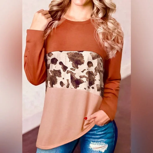 Boutique Size Small, Rustic Cow Print Color block Long Sleeve Top. EUC