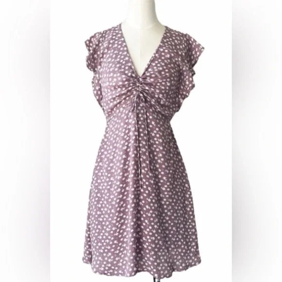 Monteau Size M, Mauve mini Dress white floral print. Flutter Sleeves. EUC