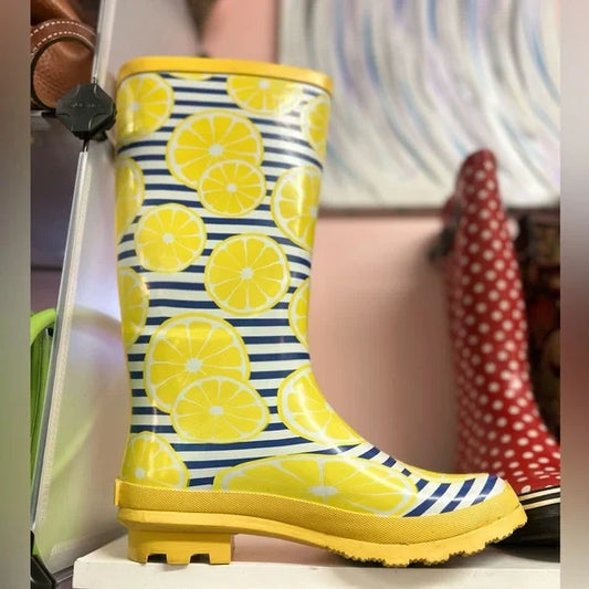 NEW, Serra brand size 9. Lemon yellow & navy stripe waterproof rain boots.
