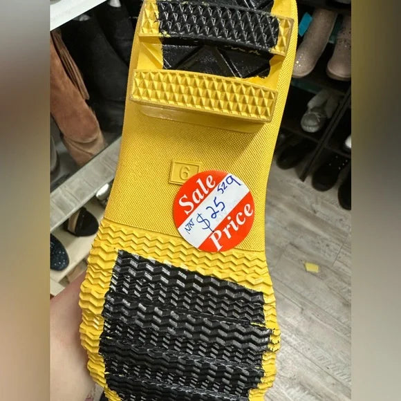 NEW, Serra brand size 9. Lemon yellow & navy stripe waterproof rain boots.