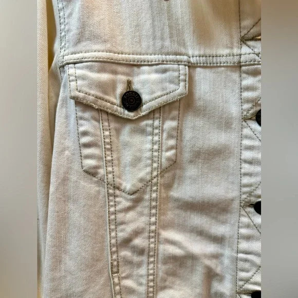 Fossil Women's Denim Jean Jacket Chest Pockets Button Cuffs Collared White XL