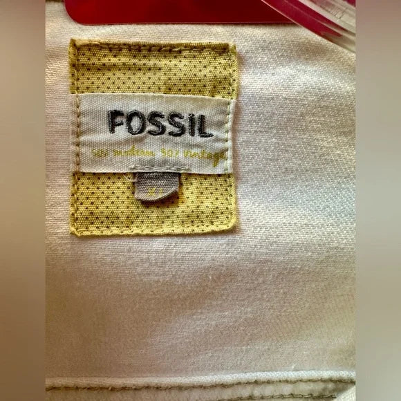 Fossil Women's Denim Jean Jacket Chest Pockets Button Cuffs Collared White XL