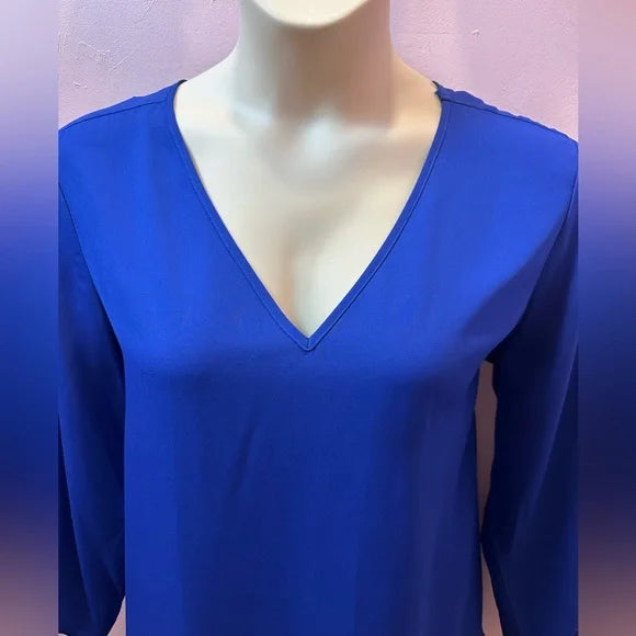 New Directions Royal Blue V Neck Roll Tab Sleeves Business Casual Top, XL. EUC