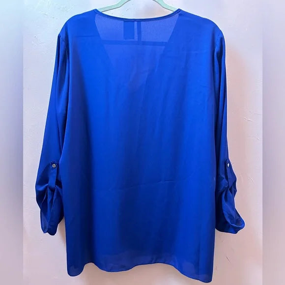 New Directions Royal Blue V Neck Roll Tab Sleeves Business Casual Top, XL. EUC