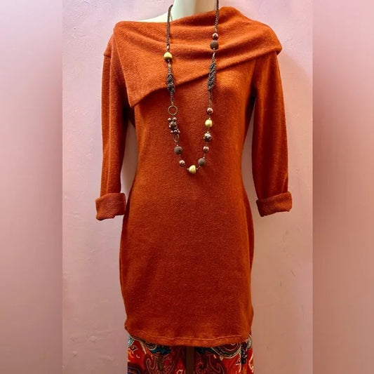 Vintage Ibby Libby Burnt Orange Knit Sweater Dress, size Medium. EUC