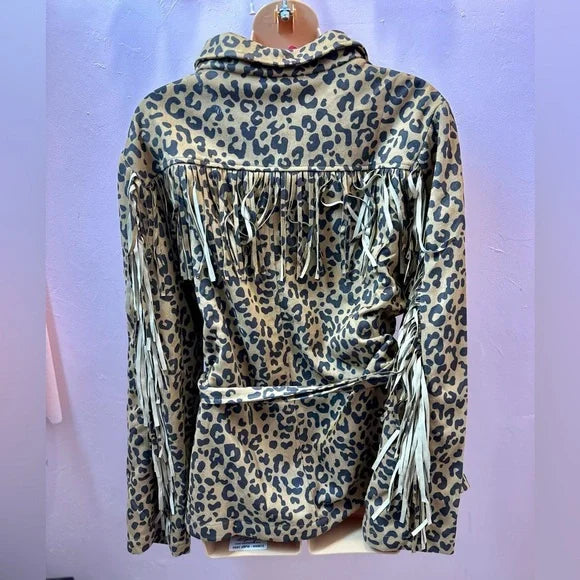 Catos Size Large Leopard Animal Print Fringe Belted Button Up Jacket Pockets EUC