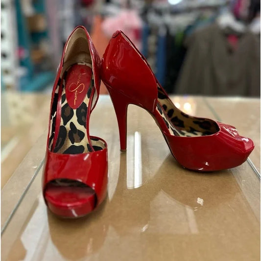 Sexy Jessica Simpson size 8 Red Patent Leather Peep Toe Platform Heels. EUC