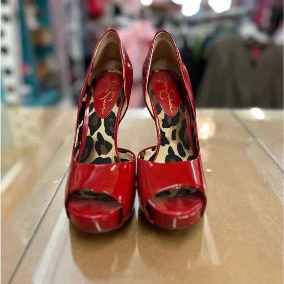 Sexy Jessica Simpson size 8 Red Patent Leather Peep Toe Platform Heels. EUC