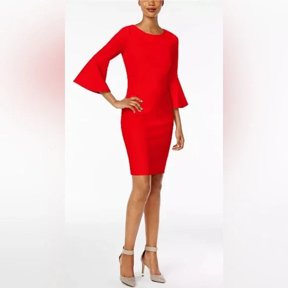 Calvin Klein Womens Red Bell Sleeve Sheath Dress Size 10 GUC