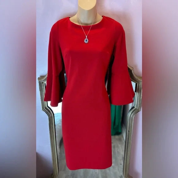 Calvin Klein Womens Red Bell Sleeve Sheath Dress Size 10 GUC