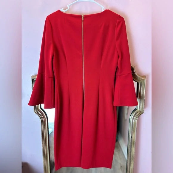 Calvin Klein Womens Red Bell Sleeve Sheath Dress Size 10 GUC