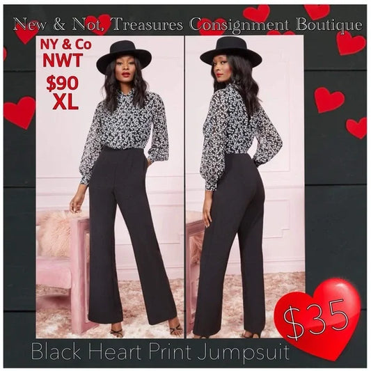 NWT $90 New York & Co Size XL Black Jumpsuit, Heart Print Long Sleeve