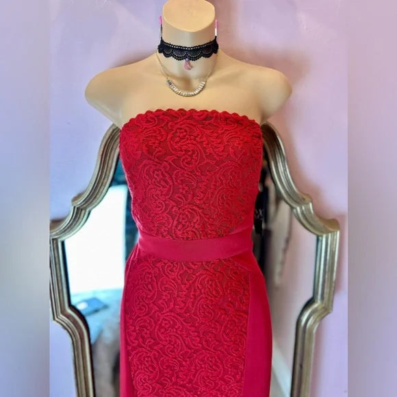 New York & Co Red Strapless Midi Lace Panel Stretch Dress, Size Medium NWT $70