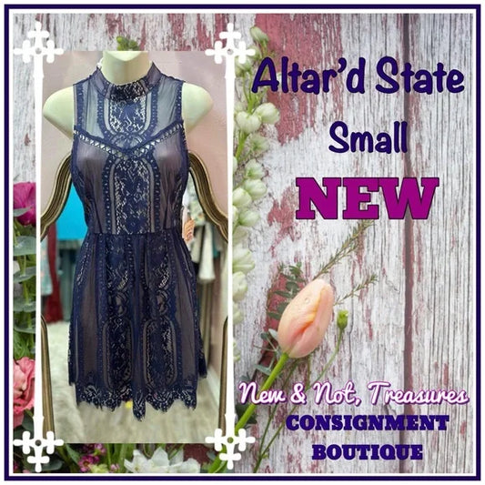 Altar'd State Lace Dress Navy Blue Mini Sleeveless Fit & Flare Cocktail Sz Small
