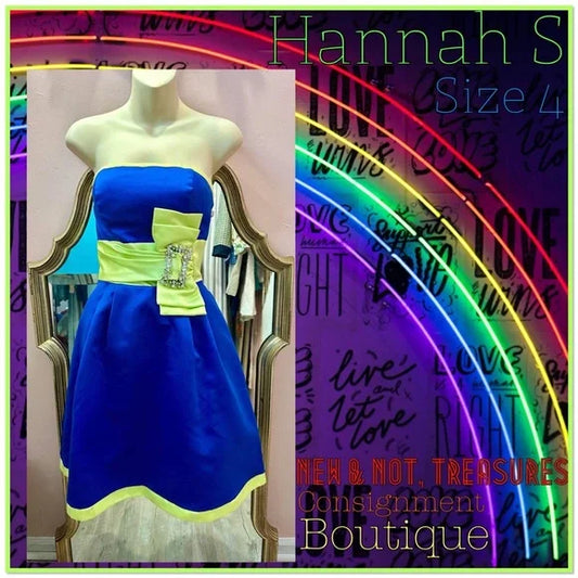 Hanna S Size 4. Blue & Lime Green Strapless Semi Formal Dress