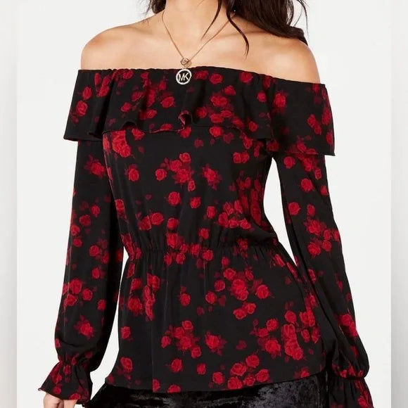 Michael Kors Off Shoulder Peplum Top Black Red Roses Size Medium EUC