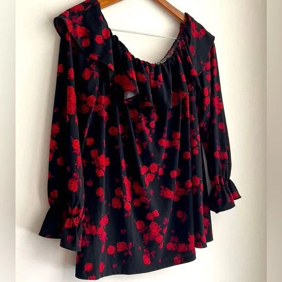 Michael Kors Off Shoulder Peplum Top Black Red Roses Size Medium EUC