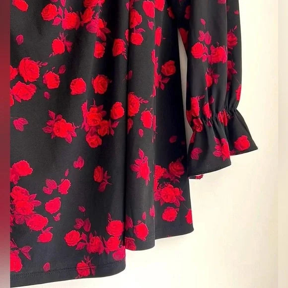 Michael Kors Off Shoulder Peplum Top Black Red Roses Size Medium EUC