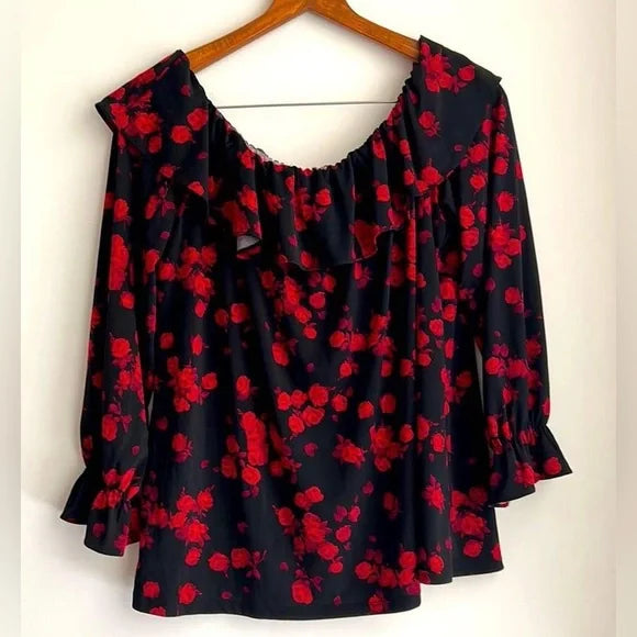 Michael Kors Off Shoulder Peplum Top Black Red Roses Size Medium EUC