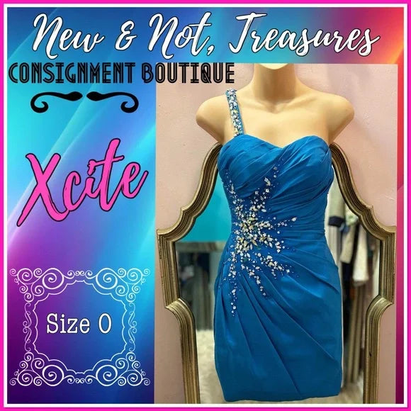 ONE SHOULDER Xcite Blue Ruched Bejeweled Short Strapless Prom Dress Size 0