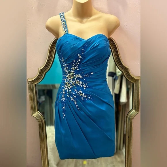 ONE SHOULDER Xcite Blue Ruched Bejeweled Short Strapless Prom Dress Size 0