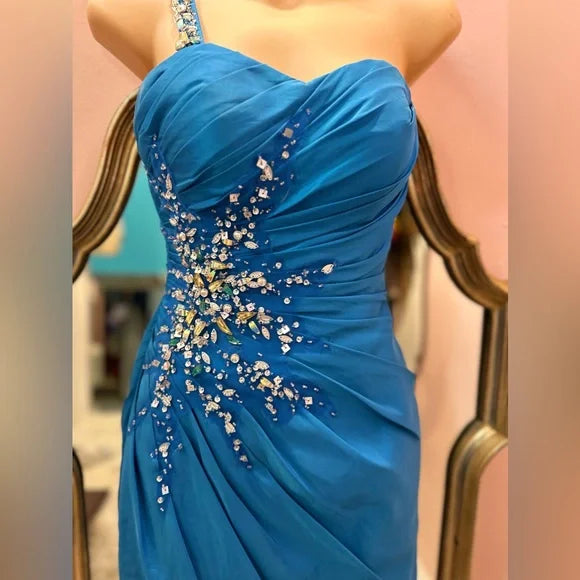 ONE SHOULDER Xcite Blue Ruched Bejeweled Short Strapless Prom Dress Size 0