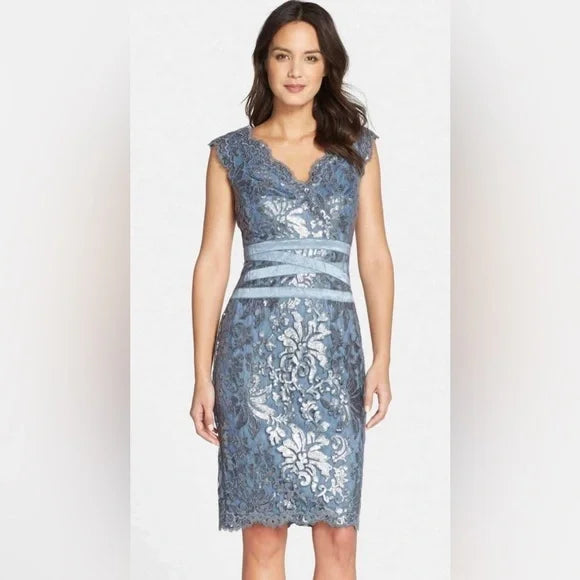 Tadashi Shoji Sheath Dress BlueSequin Embroidered Scalloped Lace Metallic NWT 10