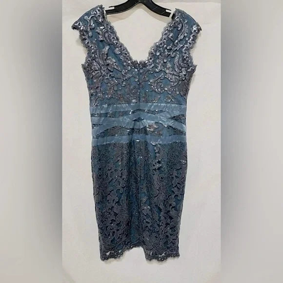 Tadashi Shoji Sheath Dress BlueSequin Embroidered Scalloped Lace Metallic NWT 10