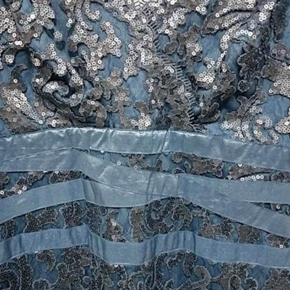 Tadashi Shoji Sheath Dress BlueSequin Embroidered Scalloped Lace Metallic NWT 10