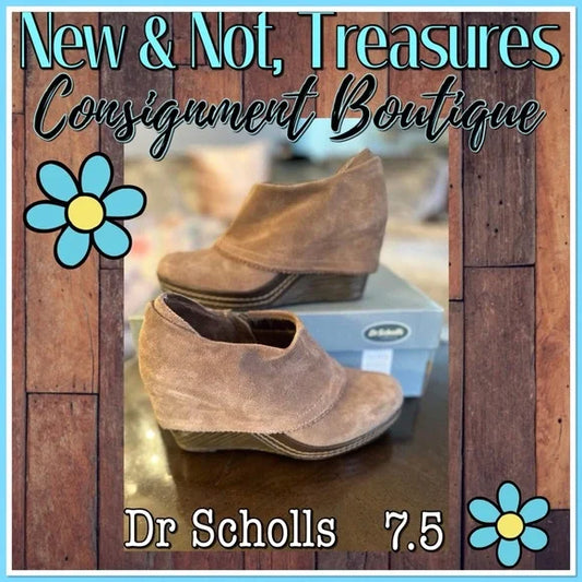 DR. Scholls Booties Wedge Heel Zipper Ankle Boots Shoe 7.5 Light Brown Suede