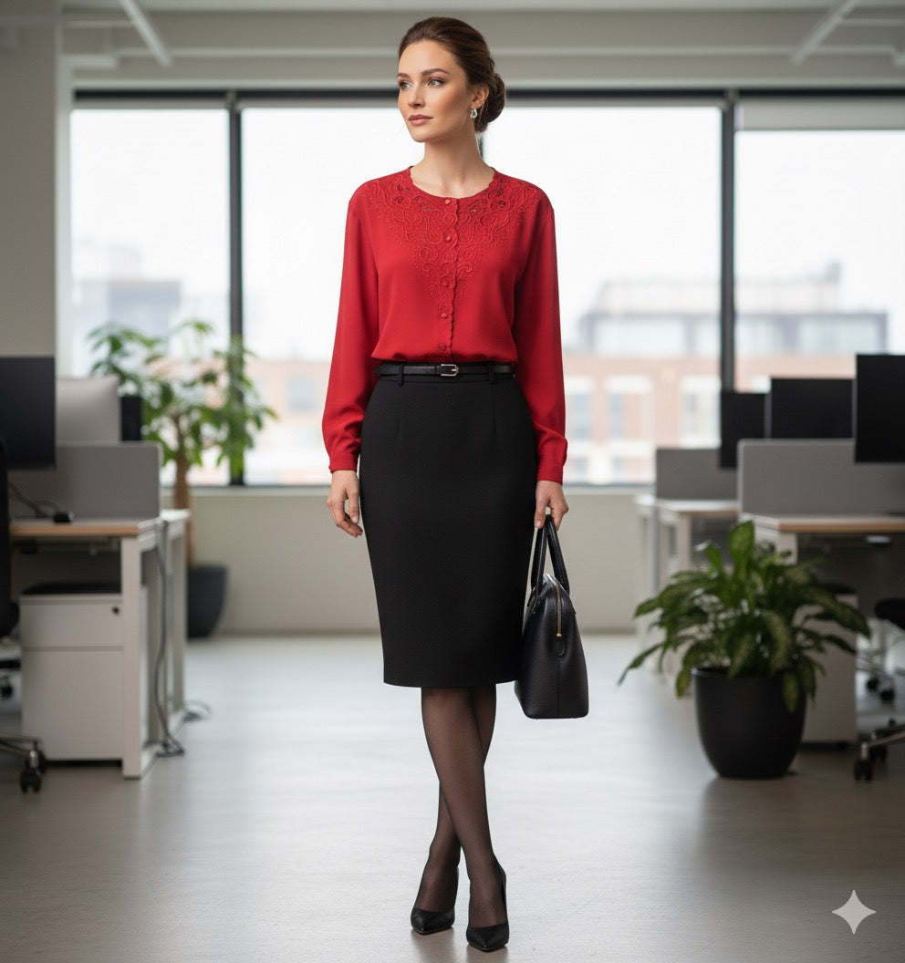 Vintage 80s Yves St. Clair Red Embroidered Blouse Long Sleeve Size 20W Holiday