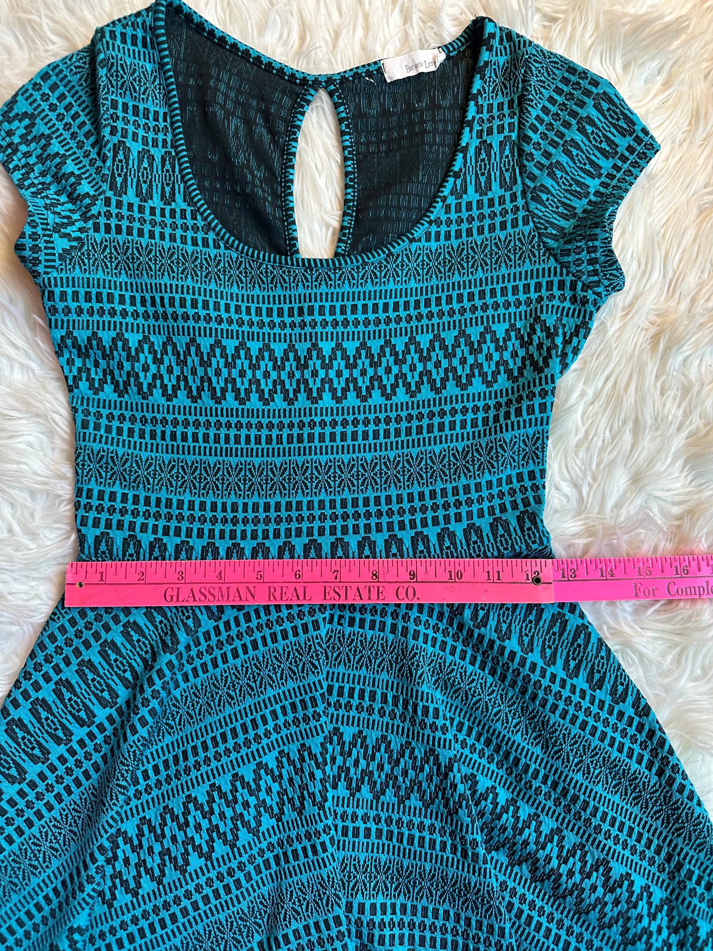 Banana Lemon Blue Black Aztec Print Fit & Flare Cap Sleeve Dress Women’s Small