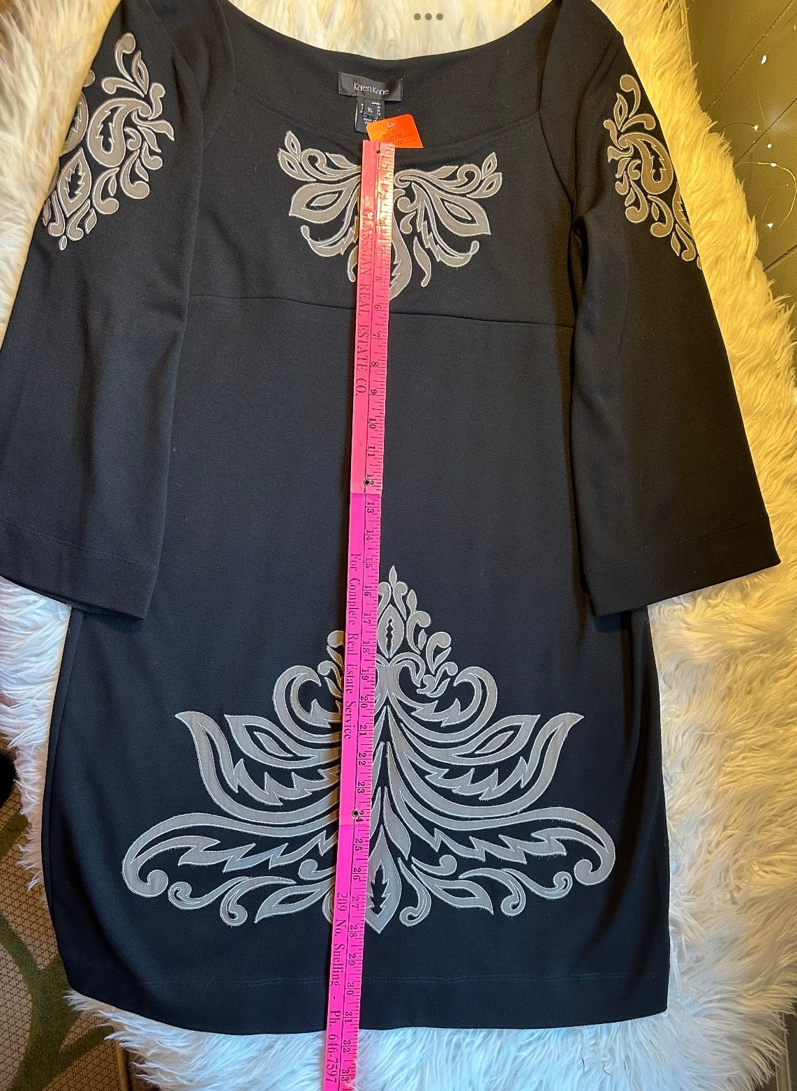 Karen Kane Black Stretch Knit Dress XL Taupe Appliqué Flare Sleeve Cocktail