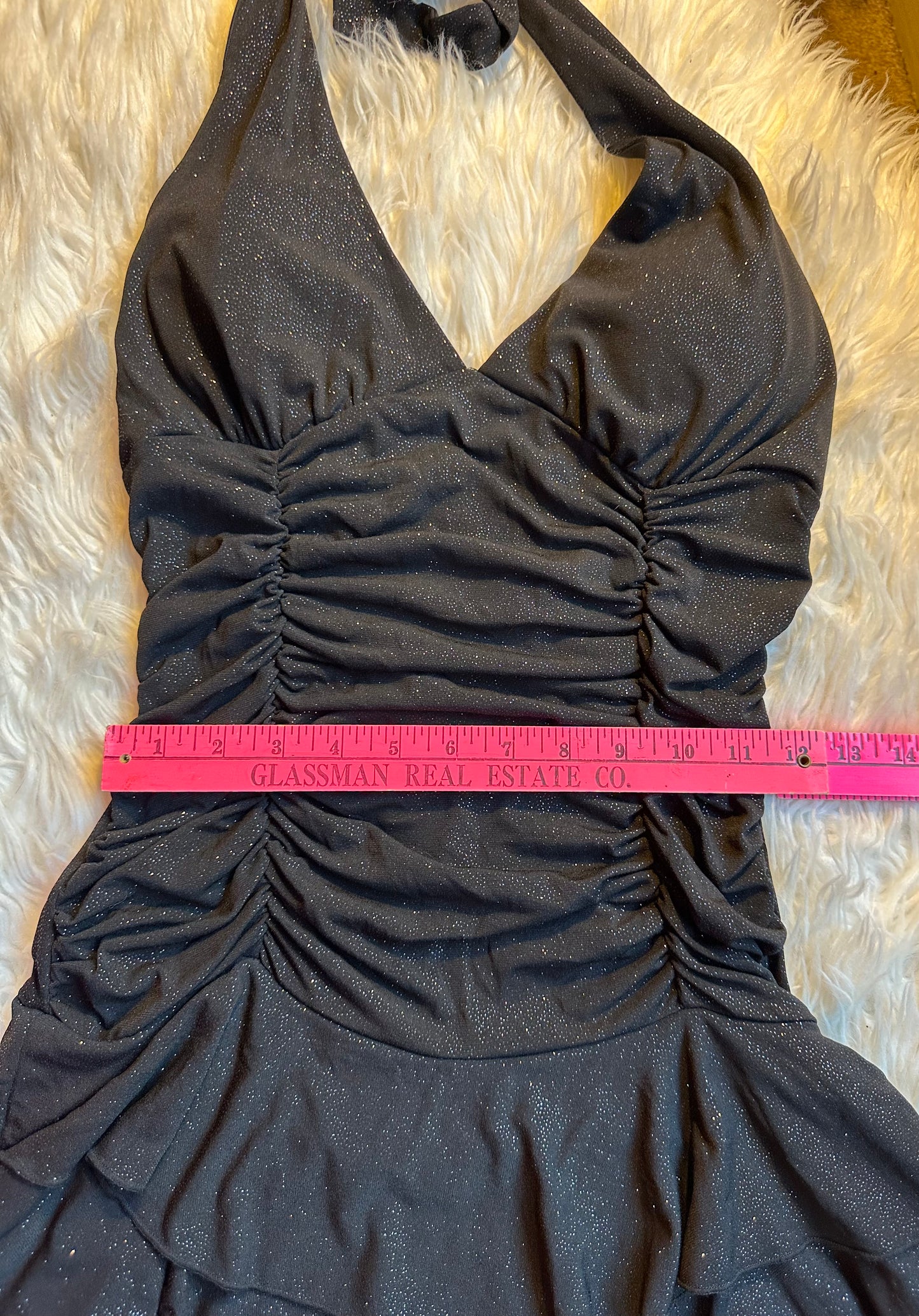 La Belle Vintage Y2K Black Glitter Ruched Halter Tiered Dress Medium Homecoming