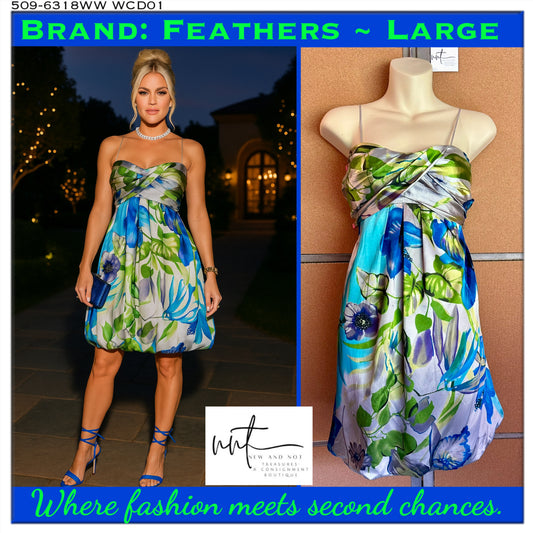 Feathers Floral Y2K Satin Bubble Hem Dress Size Large Blue Green Cocktail Party