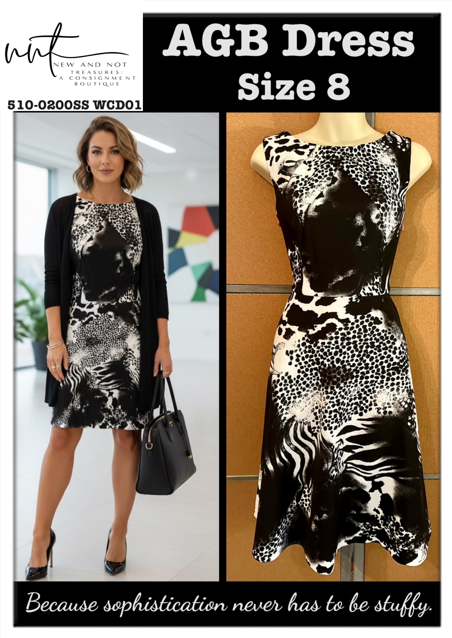 AGB Black White Animal Print Fit & Flare Dress Size 8 – Pleated Front Detail