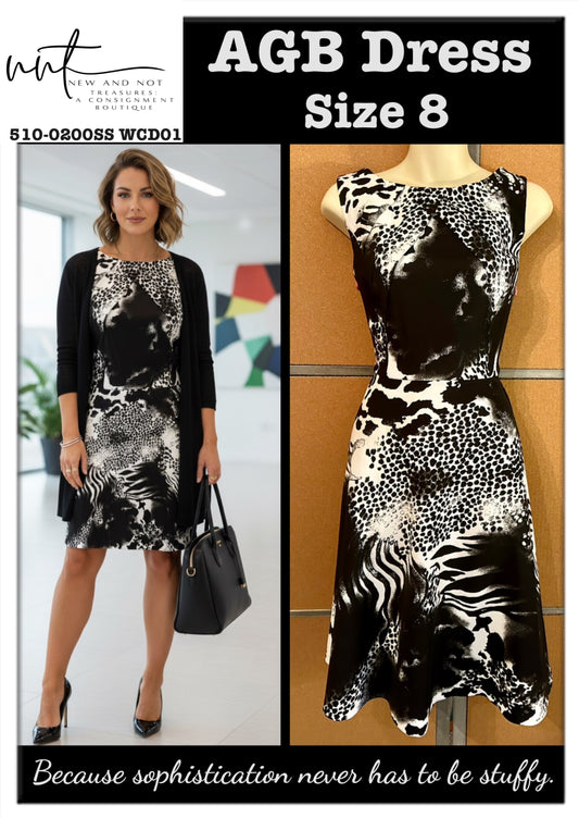 AGB Black White Animal Print Fit & Flare Dress Size 8 – Pleated Front Detail