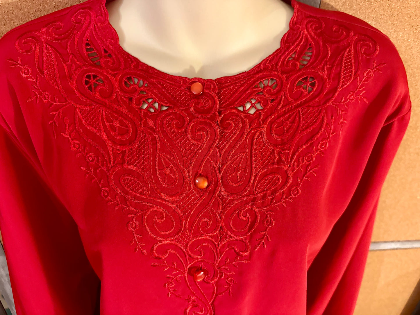 Vintage 80s Yves St. Clair Red Embroidered Blouse Long Sleeve Size 20W Holiday