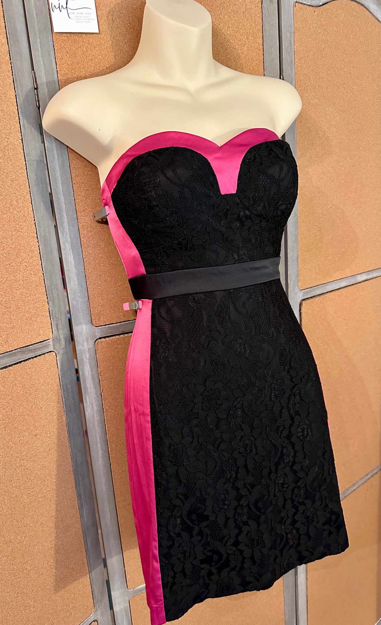 Charlotte Russe Black Lace Strapless Dress w/ Pink Satin Trim – Size Medium