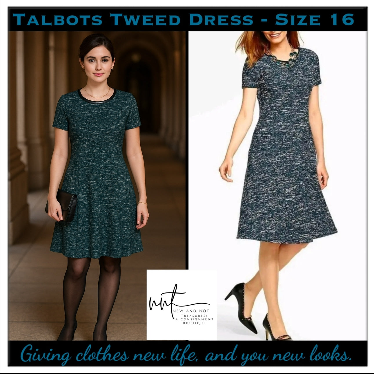 Talbots Blue Tweed Knit Dress Size 16 Faux Leather Trim Short Sleeve Fit & Flare