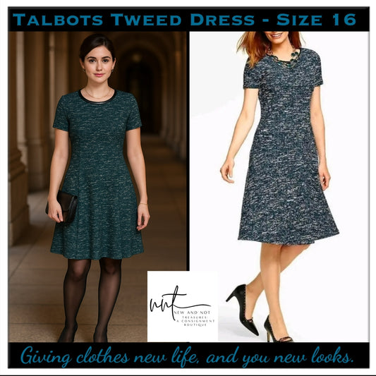 Talbots Blue Tweed Knit Dress Size 16 Faux Leather Trim Short Sleeve Fit & Flare