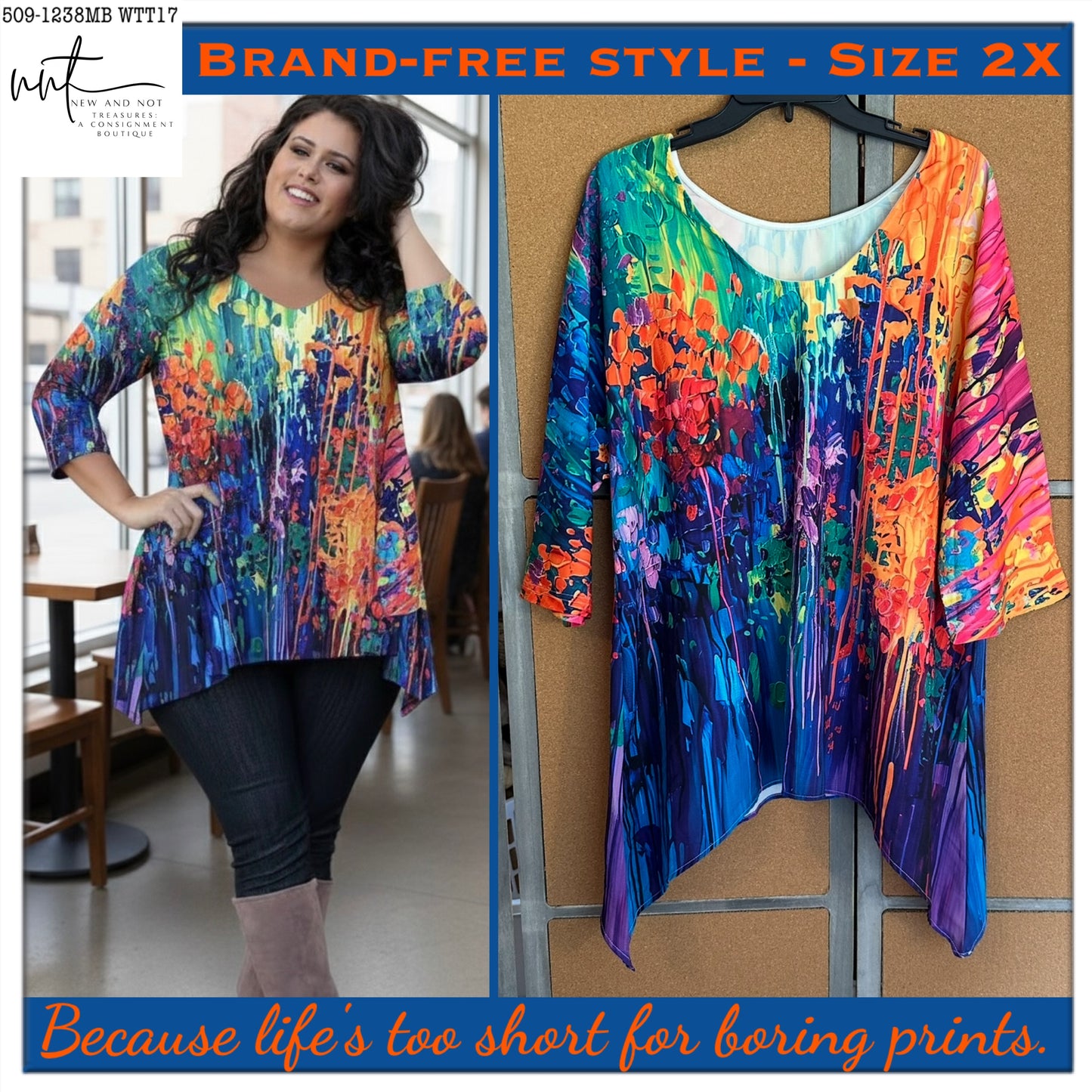 Abstract Paint Splash Tunic Top Multicolor 2X Asymmetrical Hem Plus Size EUC