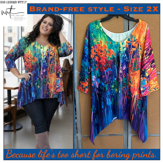 Abstract Paint Splash Tunic Top Multicolor 2X Asymmetrical Hem Plus Size EUC
